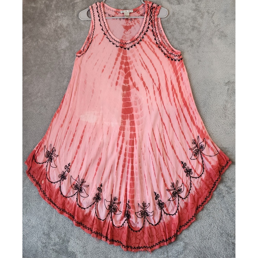 Cute Options Dress Womens Free Size Pink Red Tie Dye Embroidered Handkerchief